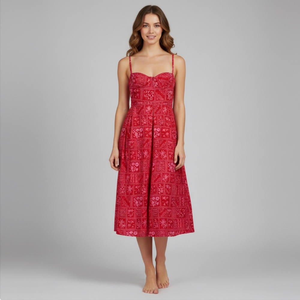 Agua Bendita Red Mambo Ipanema Escarlata Red Linen Printed Midi Summer Dress, XL